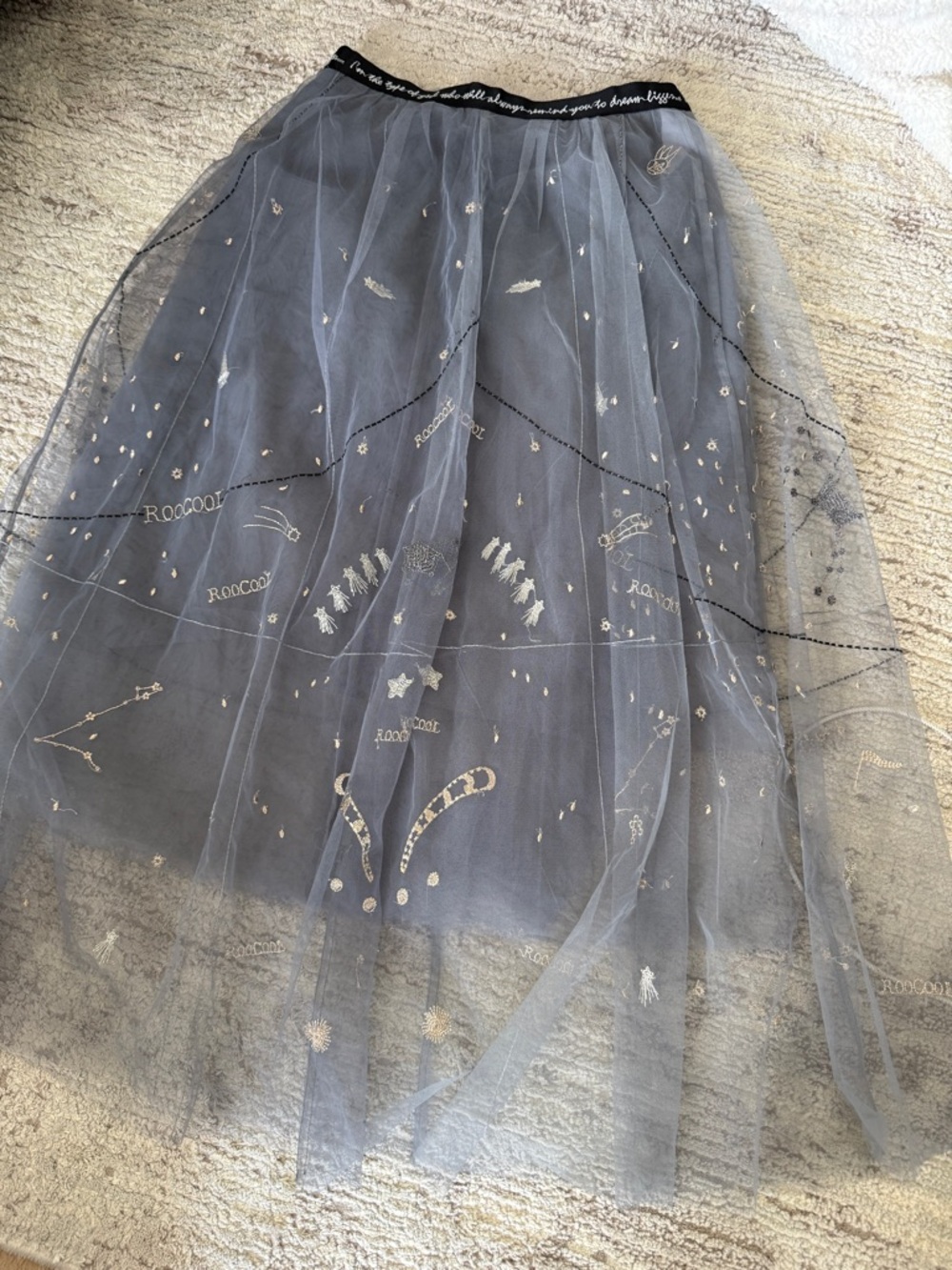 Tulle Midi Skirt in Light Gray with Metallic Embroidery